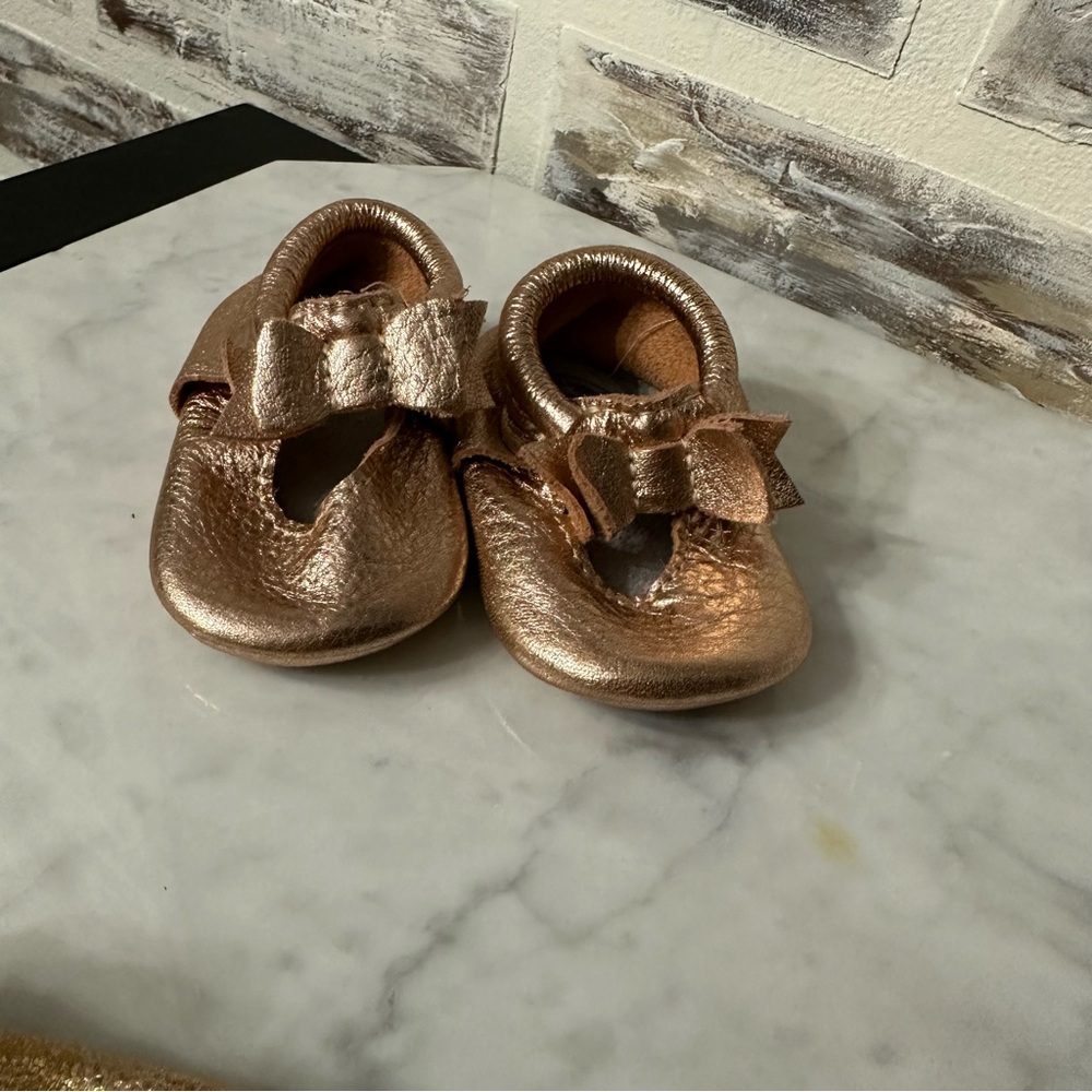 Freshly Picked Ballet Bow Moc Rose Gold Baby Shoe Size 3